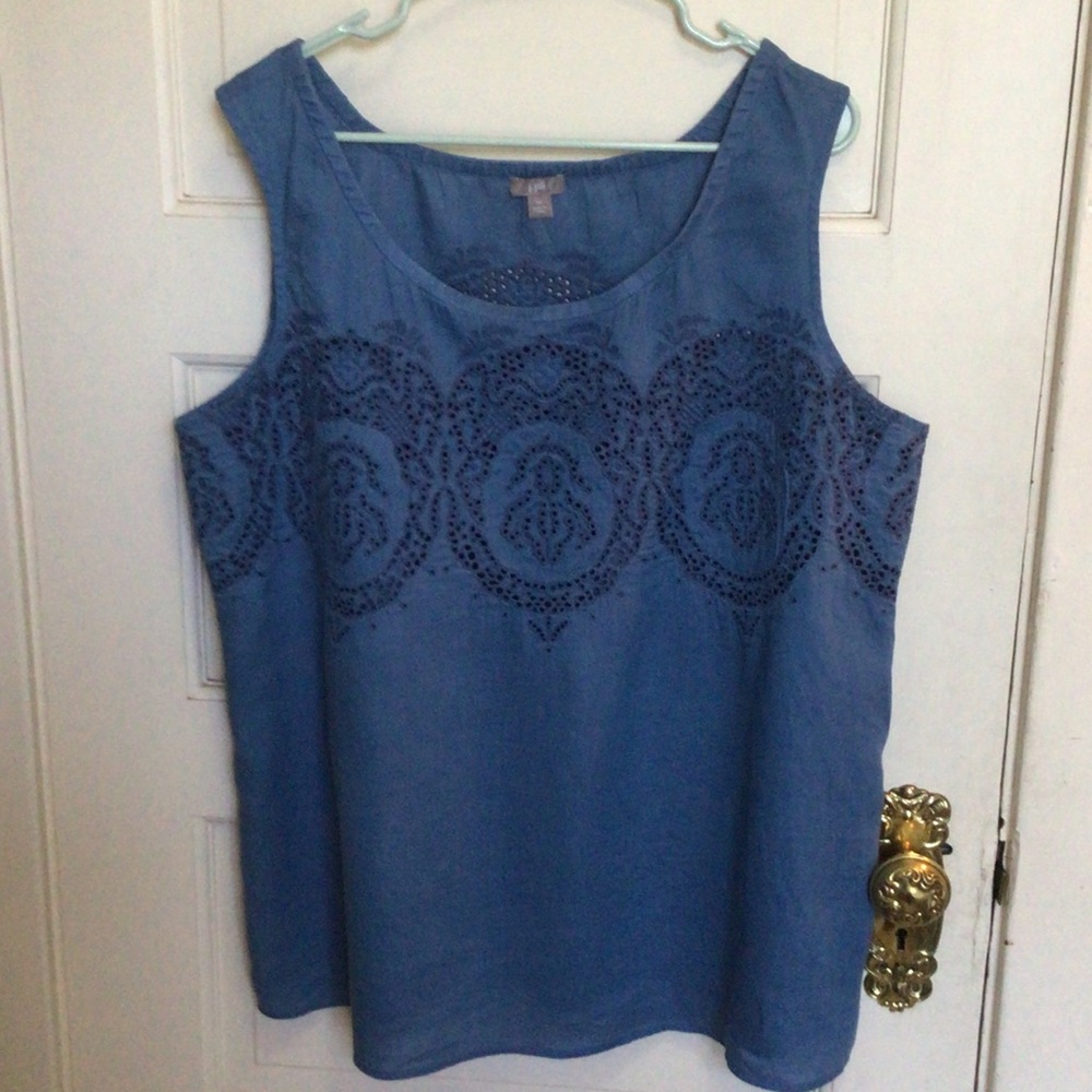 J. Jill Blue Linen Eyelet Embroidered Tank Top
